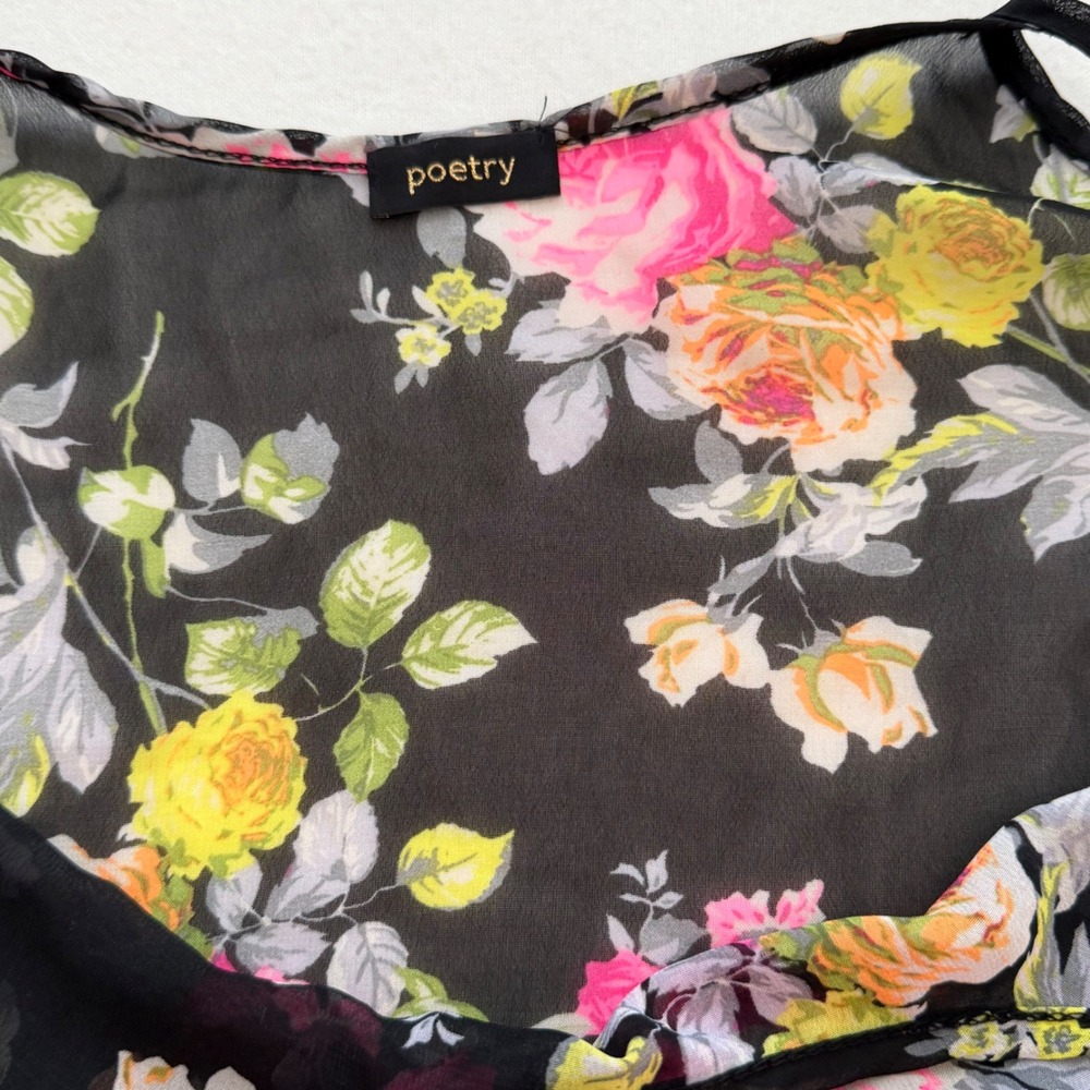 Poetry Black Pink Floral Chiffon Tiered Mini Dress Y2K Whimsigoth Fairy Grunge S - Picture 10 of 14